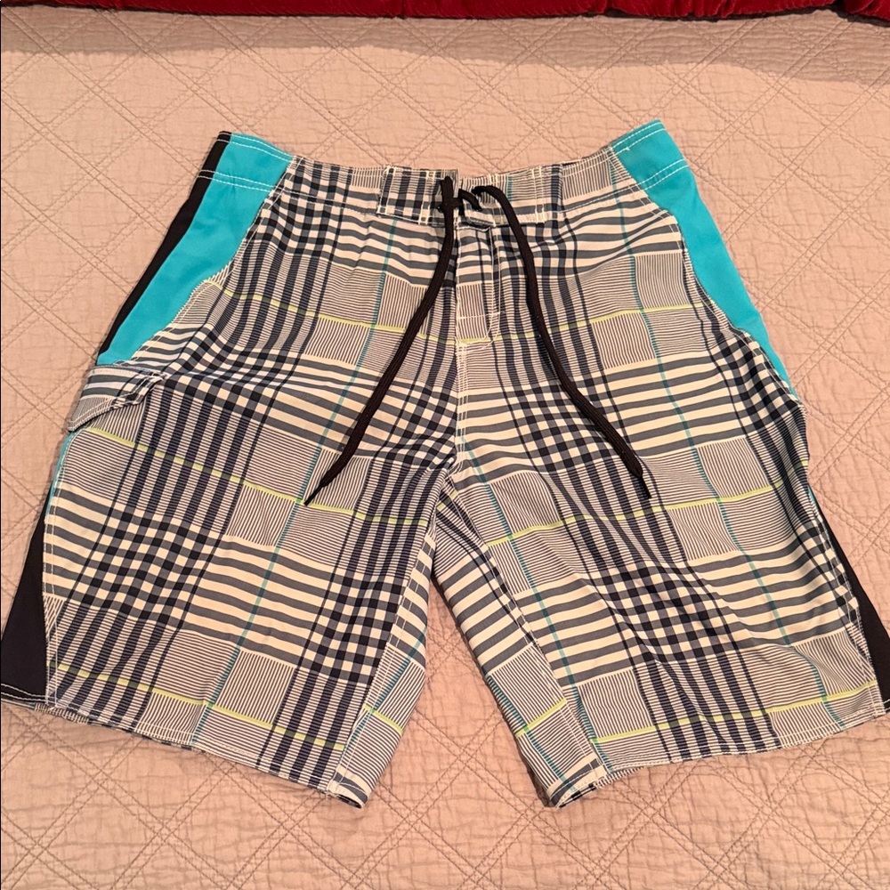 Arizona Jean Company Plaid Swim Shorts - Blue, Black, and White